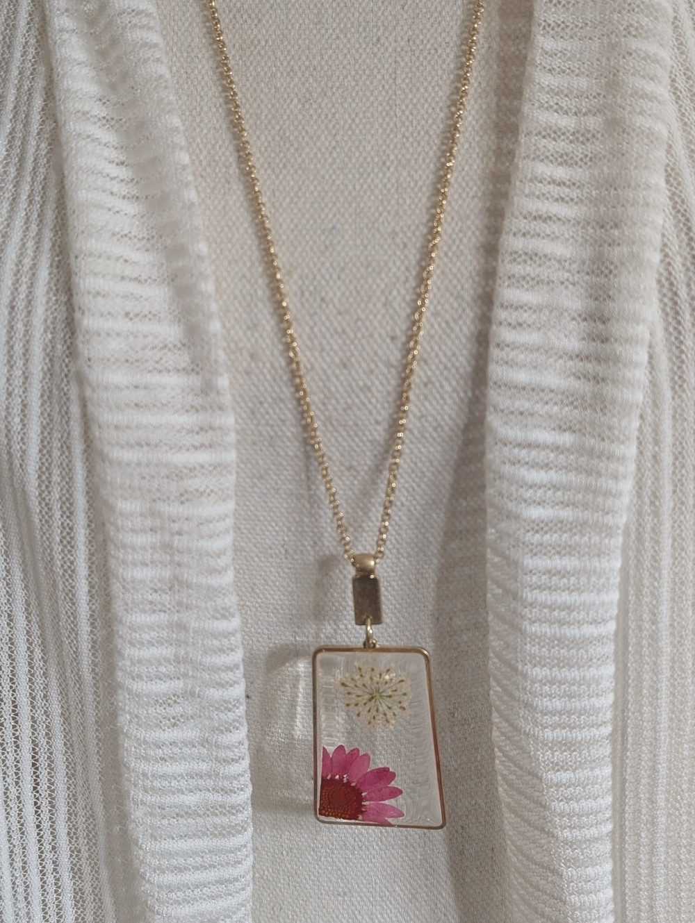 J. Jill Goldtone & Clear Rectangle Pendant Necklace w/ Pink & White Flowers NWT
